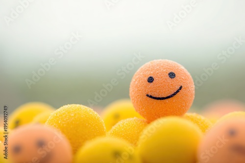 An orange smiley ball stands out among yellow smiley balls on a blurred background concept of leadership uniqueness and positive thinking