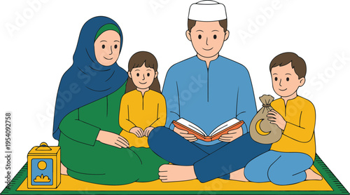 Happy Muslim family with children reading holy book and giving charity donation for Ramadan and Eid celebration vector.