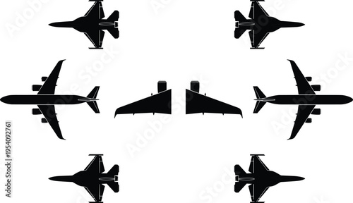 Aircraft silhouette collection featuring fighter jets and commercial airplanes top view vector set for aviation design military and transport themes