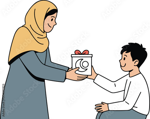 Muslim mother wearing hijab giving gift box to her son for Ramadan Kareem and Eid al-Fitr celebration vector illustration.