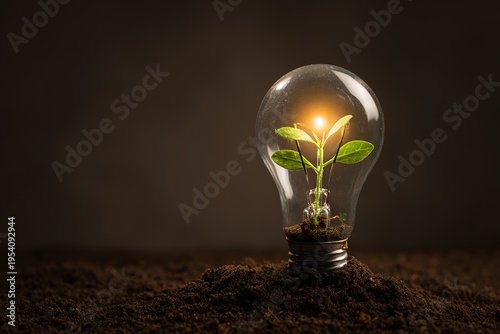 Green sprout growing from a glowing light bulb in dark soil as a symbol of ecological innovation and green energy