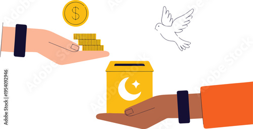 Islamic charity donation concept with hands giving coins to zakat box and peace dove for Ramadan Kareem vector illustration.