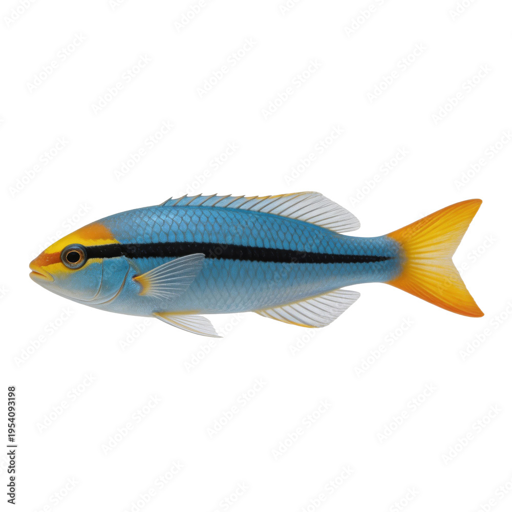 Fototapeta premium Blue tropical reef fish with a distinct black horizontal stripe and bright yellow tail isolated on a white background.