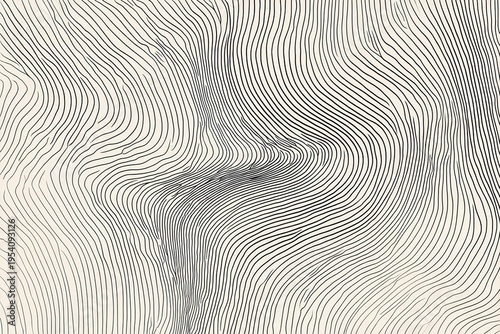 Abstract beige and black background with dense parallel wavy lines with a twist in the center in topographic map style