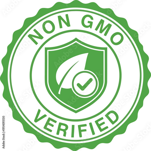 Non GMO verified stamp with shield and leaf icon plus checkmark representing organic food and natural genetic modification free
