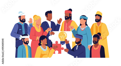 Diverse Global Team Collaboration and Innovation. Multicultural Group Brainstorming Ideas and Solving Problems with Puzzle Pieces and a Lightbulb.