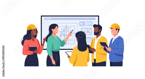 Diverse Engineering Team Discussing Project Blueprints on Digital Screen