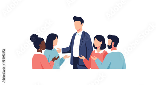 Diverse Professional Team Meeting: Collaboration, Communication & Discussion. Flat Design Business Group Illustration.