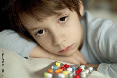 Sad child looking at colorful pills on table health treatment childhood illness medication concept