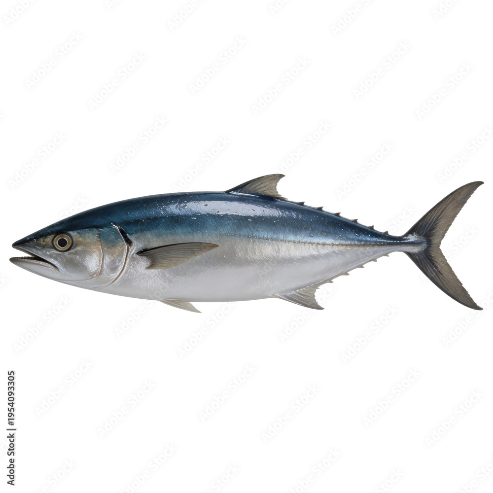 Fototapeta premium Fresh whole Bluefin tuna fish rests against a plain white background, showcasing its metallic blue and silver scales and streamlined body.