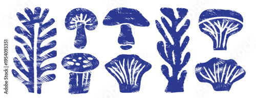 Blue ink mushroom collection: vector bold silhouette set of forest fungi, amanita, chanterelle. Indigo botanical linocut illustration with hatching texture, fern and seaweed shapes isolated on white