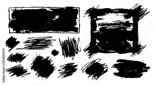 Brushstrokes grunge set with black rectangular shapes and messy lines featuring artistic, texture, abstract with design