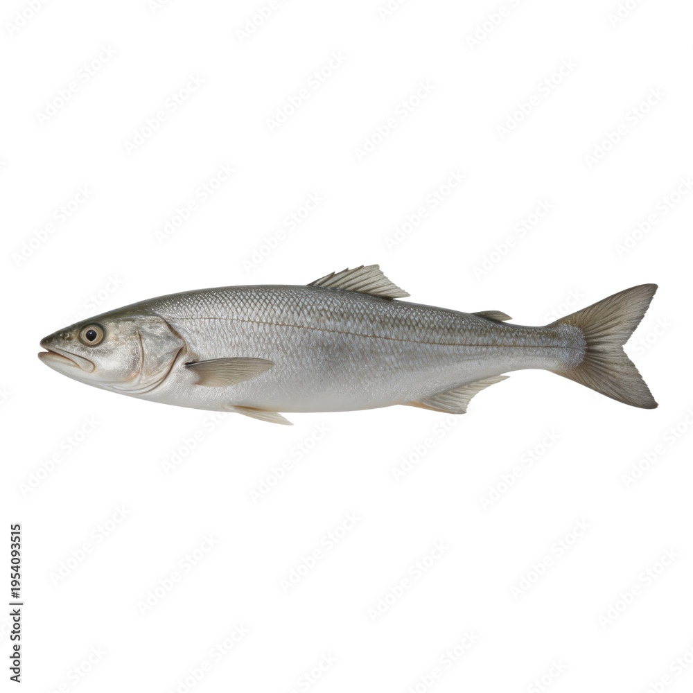 Fototapeta premium European seabass fish is presented in a profile view against a plain white background, highlighting its metallic silver scales and natural anatomy.