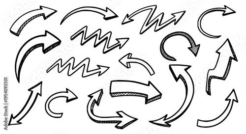 Arrows hand drawn set with black curved lines, zigzag and straight arrowheads featuring vector, illustration, graphics