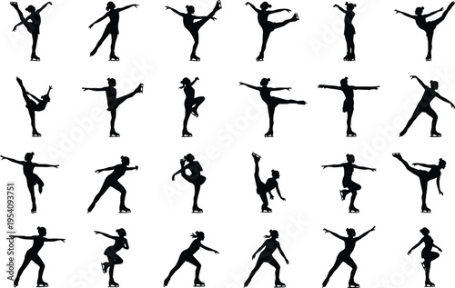 Figure skating silhouette collection with various poses and spins, black vector icons isolated on white background for sport and performance design