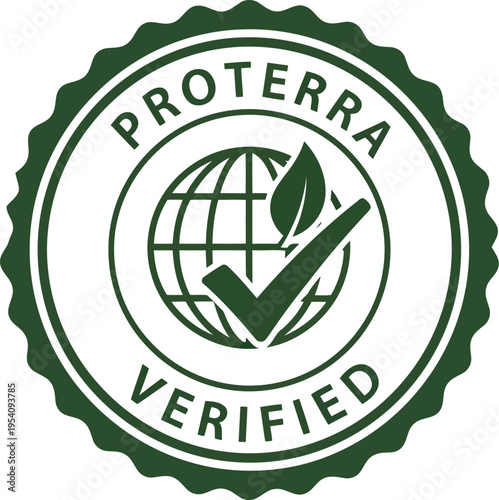 Proterra verified circular badge seal with globe leaf and check mark for environmental sustainability certification emblem