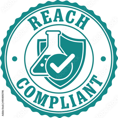 Reach compliant circular badge seal with shield flask and check mark for chemical safety and regulatory approval emblem