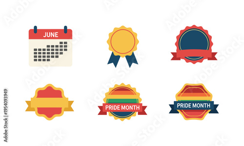 Pride month visual elements featuring calendar and various ribbon badges