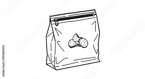 Bag resealable with zipper and nuts illustration in black line art style featuring food packaging, simple, icon with