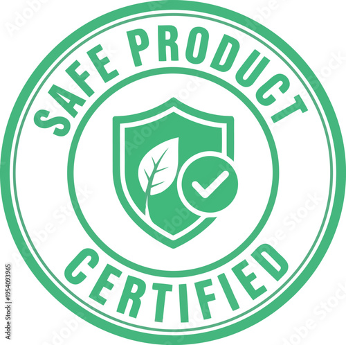 Safe product certified stamp circular emblem with shield, leaf, and checkmark, represents approved safe goods and reliable product quality assurance