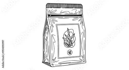 Bag coffee packaging with leaf logo and zipper seal on top, illustrated in black lines featuring illustration, grocery,
