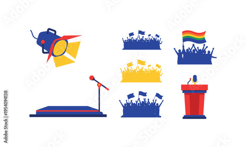 Illustrations of public speaking, activism, and diversity in gatherings