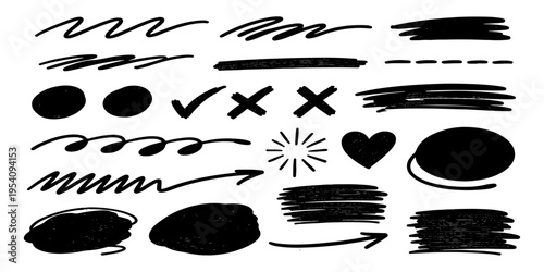 Vector set of hand drawn ink splashes and blots featuring black brush art illustrations of a nature silhouette, fish, and paw sketch symbols