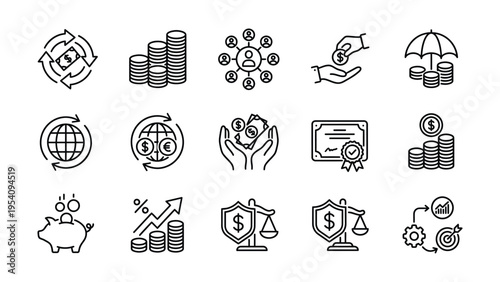 Hand-drawn icons illustrating financial concepts like investment, savings, banking, growth, and global finance, with symbols for money, charts, and legal, icon set 16/9
