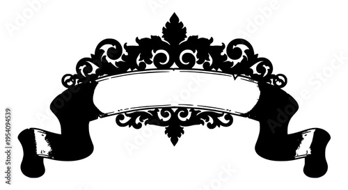 Ribbon banner ornate with floral scrollwork and blank label space for text featuring decorative, vintage, grunge with