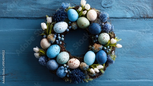 easter door wreath blue on a blue background
