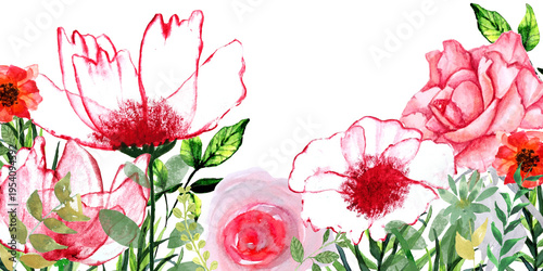 Banner con grandi fiori rossi e foglie, illustrazione ad acquerello isolata