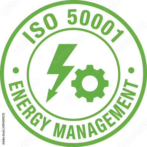 Iso 50001 energy management certification green stamp with lightning bolt and gear symbol for efficiency and sustainability