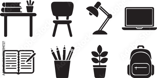 A collection of black silhouette icons illustrating essential items found in an educational or office setting