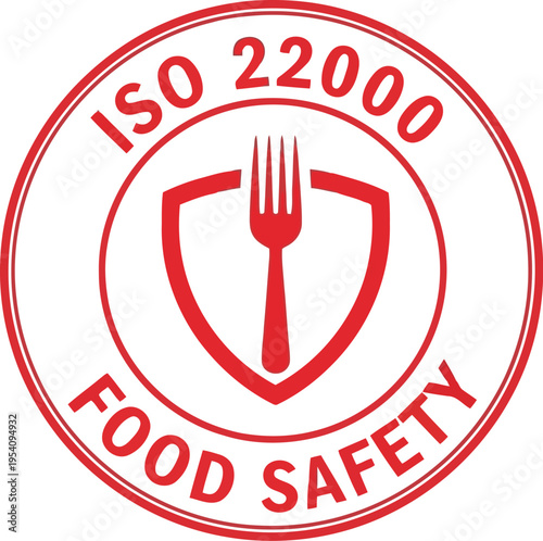 Iso 22000 food safety management system certification seal with fork and shield symbol on a transparent background vector