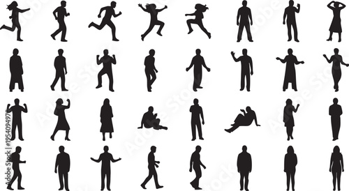 Collection of 30 stylized black human silhouettes in various poses on white background black silhouettes