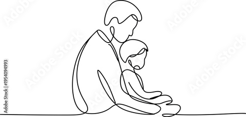 This minimalist line drawing depicts a tender moment between a father and his child. The continuous black line creates a simple yet emotional silhouette of the pair. 
