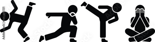 Sequence of martial arts movements and meditation pose in black silhouette style