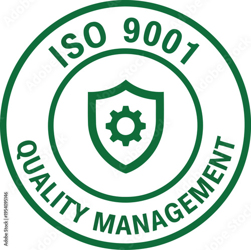 Iso 9001 quality management certification stamp with shield and gear symbol for excellence and reliable business operations