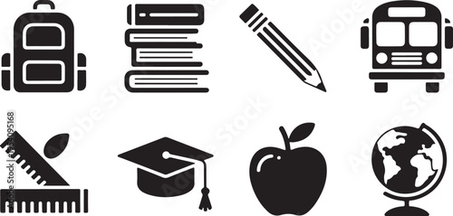 A visually balanced collection of black silhouette icons symbolizing key educational elements