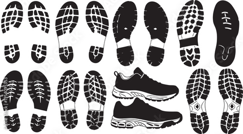 Collection of black shoe soles and athletic shoes on white background black and white silhouettes