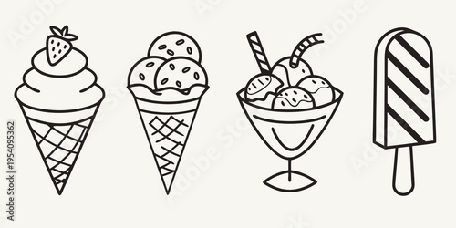 Ice cream line in black and white line dessert food sweet