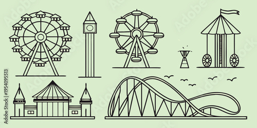 Amusement park including ferris wheel and roller coaster carnival