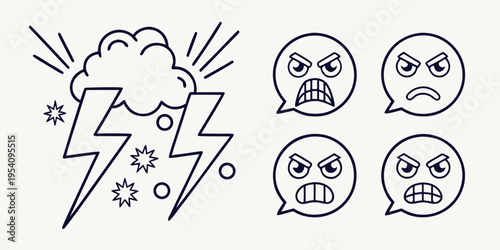 Angry emojis and lightning bolt on white background black lines