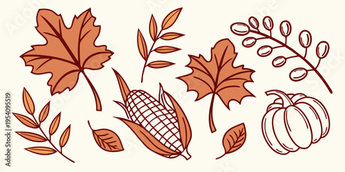 Autumn leaves and pumpkins set acorn fall