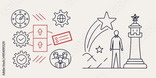 Business and success including star and lighthouse line black white