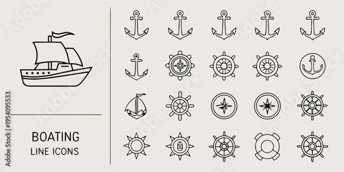 Boating line including anchors, ship, and navigation symbols nautical