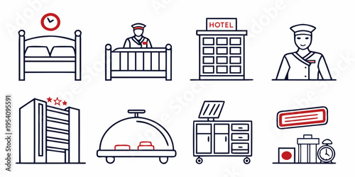 Hotel and hospitality on white background black lines simple style