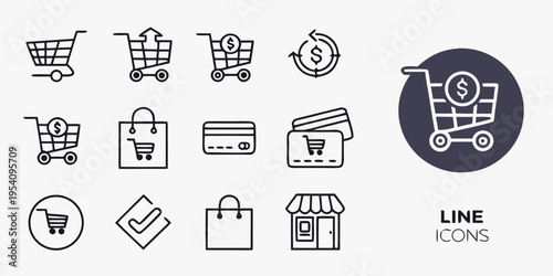 Black and white line of shopping carts and credit cards dollar money payment