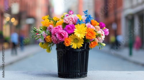 bouquet of colorful flowers in a black metal trash can, urban setting, contrast, pop art concept, vibrant colors, street photography style