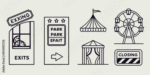 Black line of amusement park attractions and signs line black and white ferris wheel